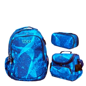 Set de Mochila de brazo Lonchera y Cartuchera Tigo azul noche